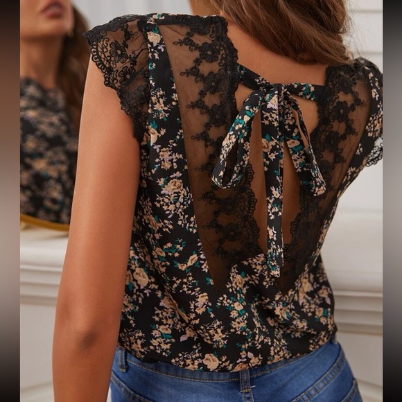 Boho Floral Print Lace Top Blouse shirt - Picture 3 of 8
